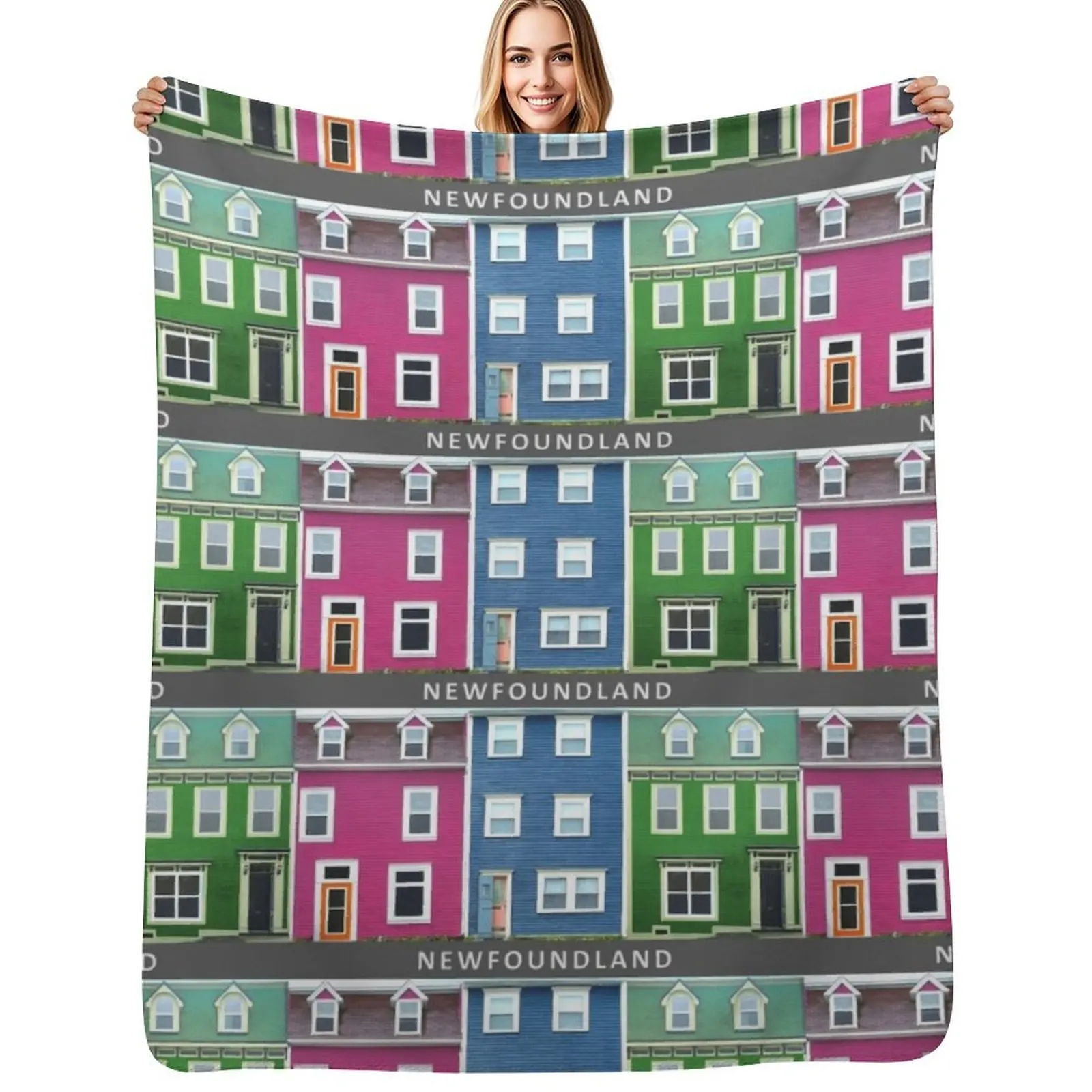 

NEWFOUNDLAND Pink Blue Green Row Houses Throw Blanket Extra Large Throw manga Luxury Thicken Blanket