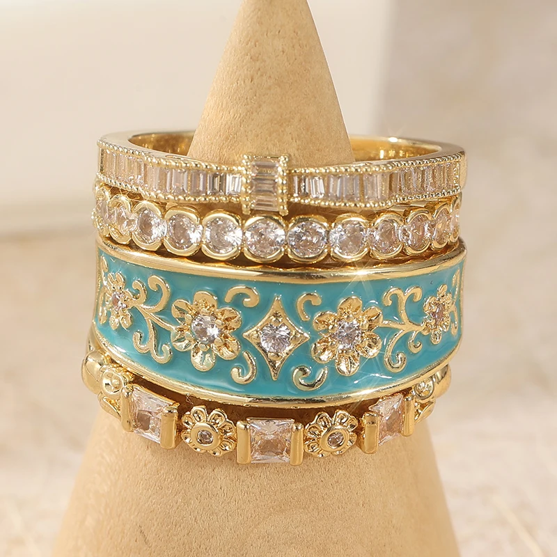 Vintage Goldfarben Eingelegte Weiße CZ Emaille Blumen Damen Ringset Geometrischer Alltags- und Partyschmuck – Detail 2