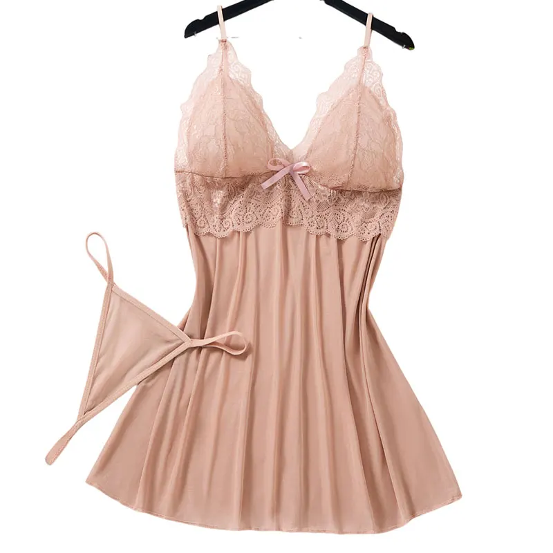 

Sleeveless Short Night Dress Summer Sets Lace Tulle Pajamas Hot Women's Sexy Nightgown With Thong Suit Suspender Backless Robe