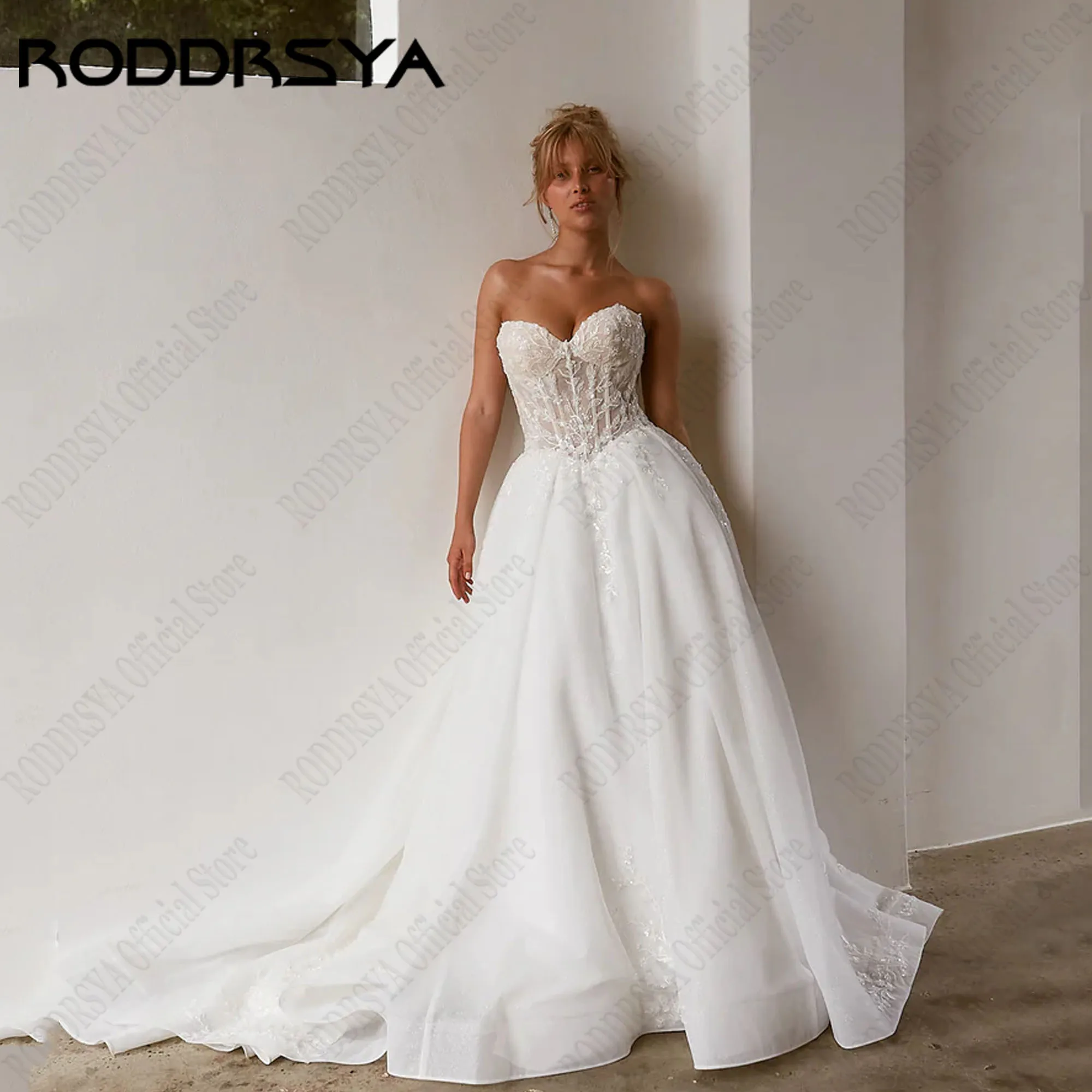 

RODDRSYA Vintage Strapless Wedding Dresses Sleeveless A-Line Appliques Bride Gowns backless Tulle vestidos de novia Customized