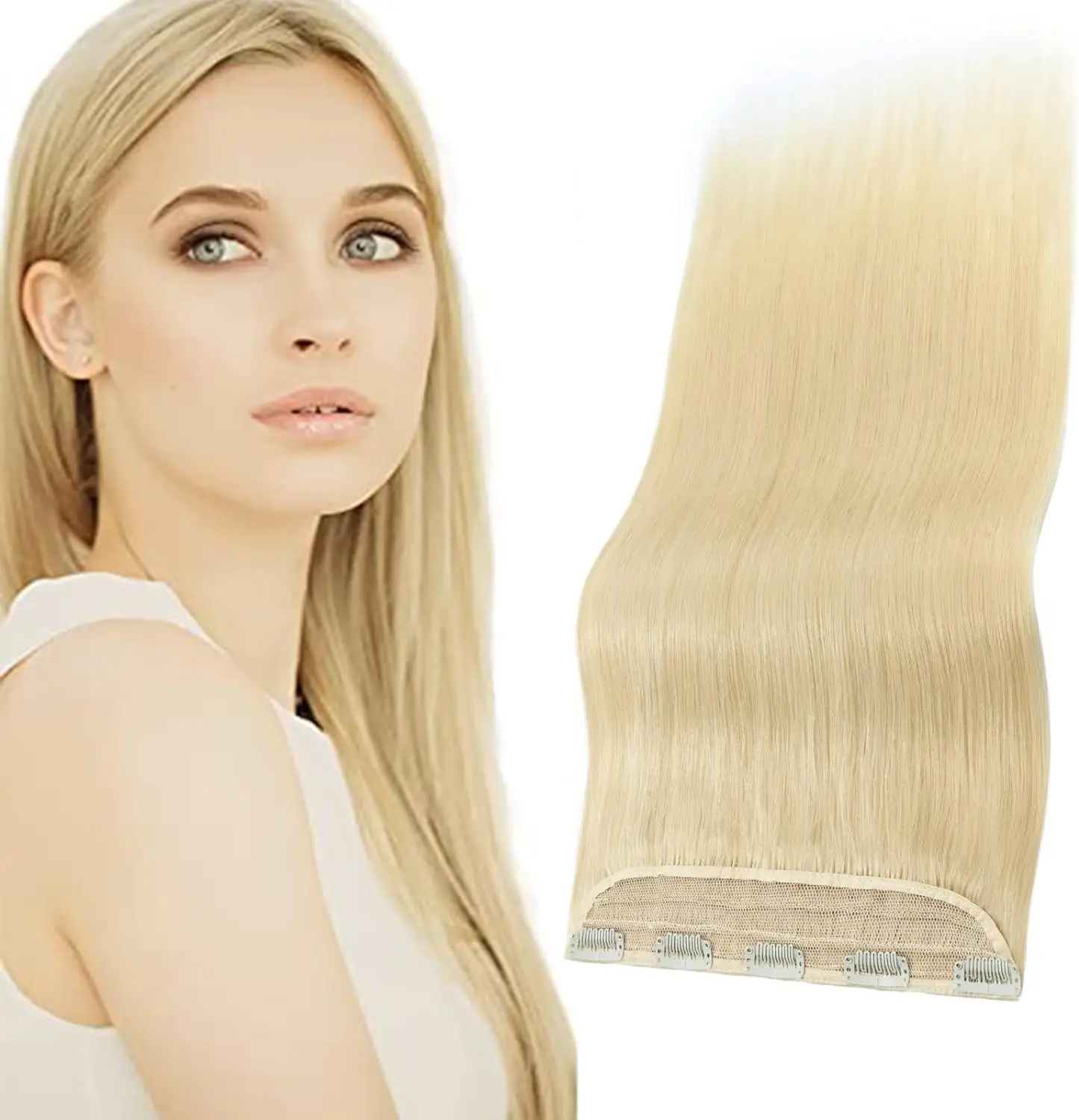 Straight Clip in Hair Extensions One Piece 5Clips 3/4 Full Head Shaped Weft Thicker Hair Blonde Mix Bleach Blonde #613 for Women