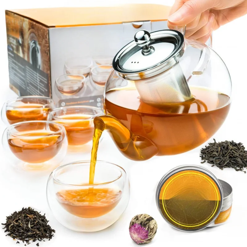 

Glass Teapot Set with 4 Double Wall Teacups & Removable Stainless Steel Infuser - Microwave Dishwasher Safe Clear Blooming Loose