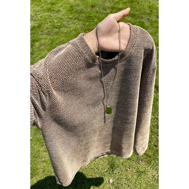 Men Vintage Washed Knit Pullover Crew Neck Long Sleeve Faded Gradient Textured Cloth For Daily Layering Matching