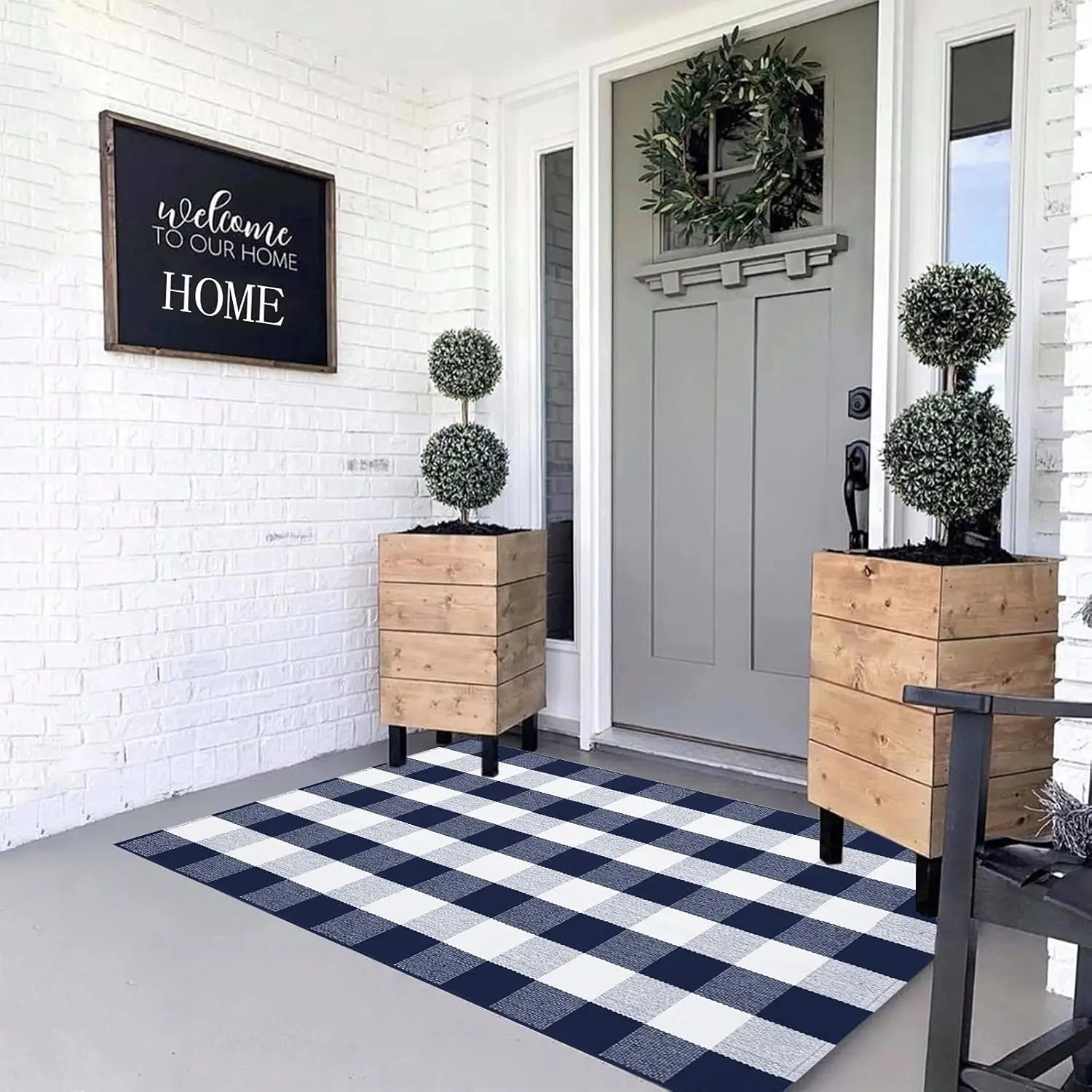 

Cotton Buffalo Plaid Rug, 3' x 5' Navy Blue White Outdoor Rug Front Door Decorative Mat, Washable Doormat Foldable Area Rug L
