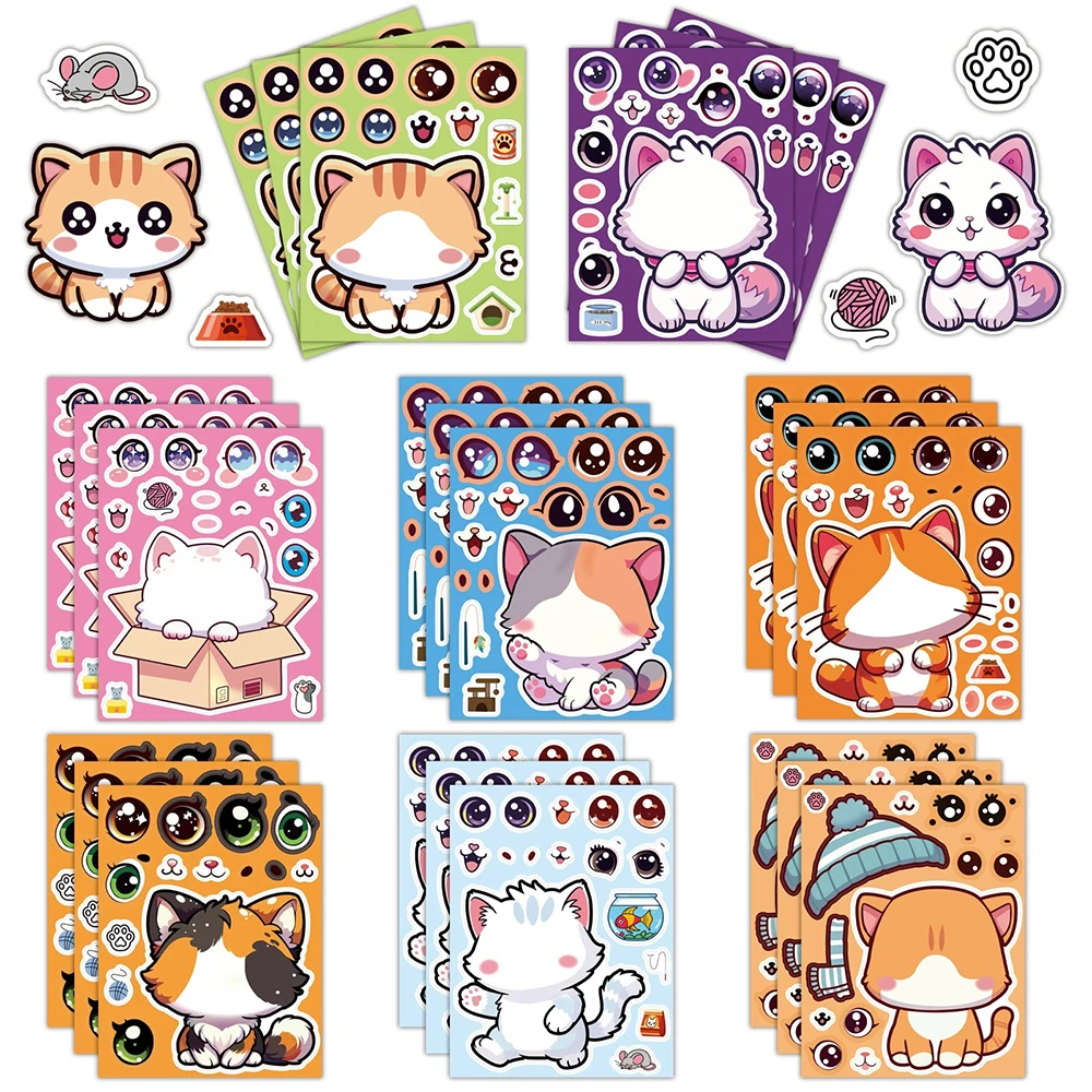 

8/16sheets Cartoon Animal Cat Make a Face Sticker Children's Toy Puzzle Sticker Phone Notebook Luggage Waterproof Decals