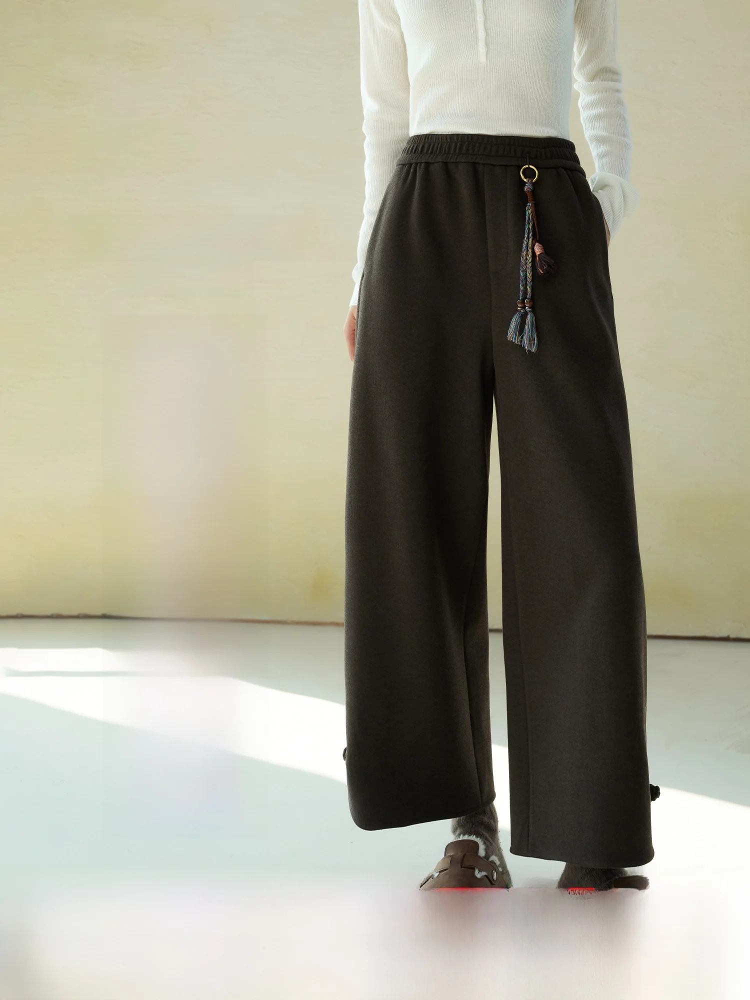 

Новые китайские повседневные брюки с цветной тесьмой, мягкие, с высокой талией, из смесового хлопка и шерсти, для женщин