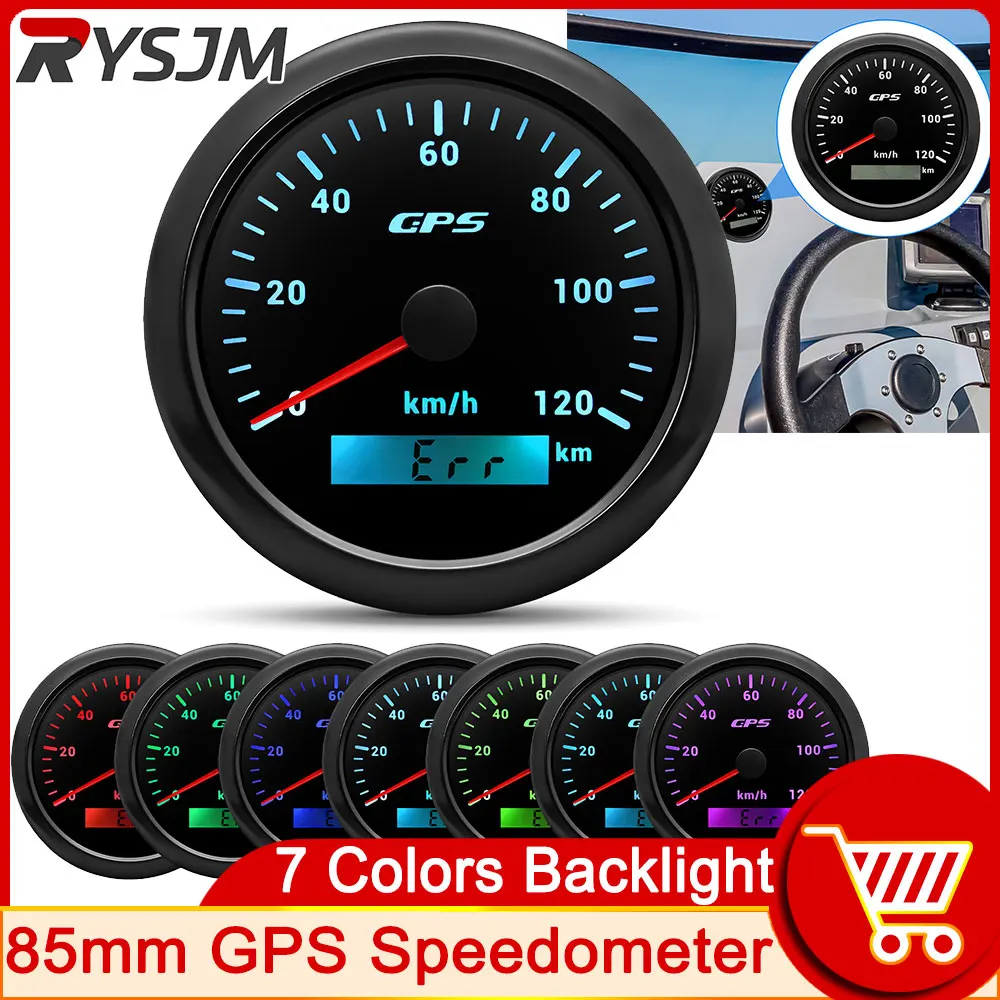 

HD 7 Colors 85MM GPS Speedometer 120Km/h Speed Gauge with GPS Antenna for Universal Motorcycle Boat Car Truck Meter 9-32V