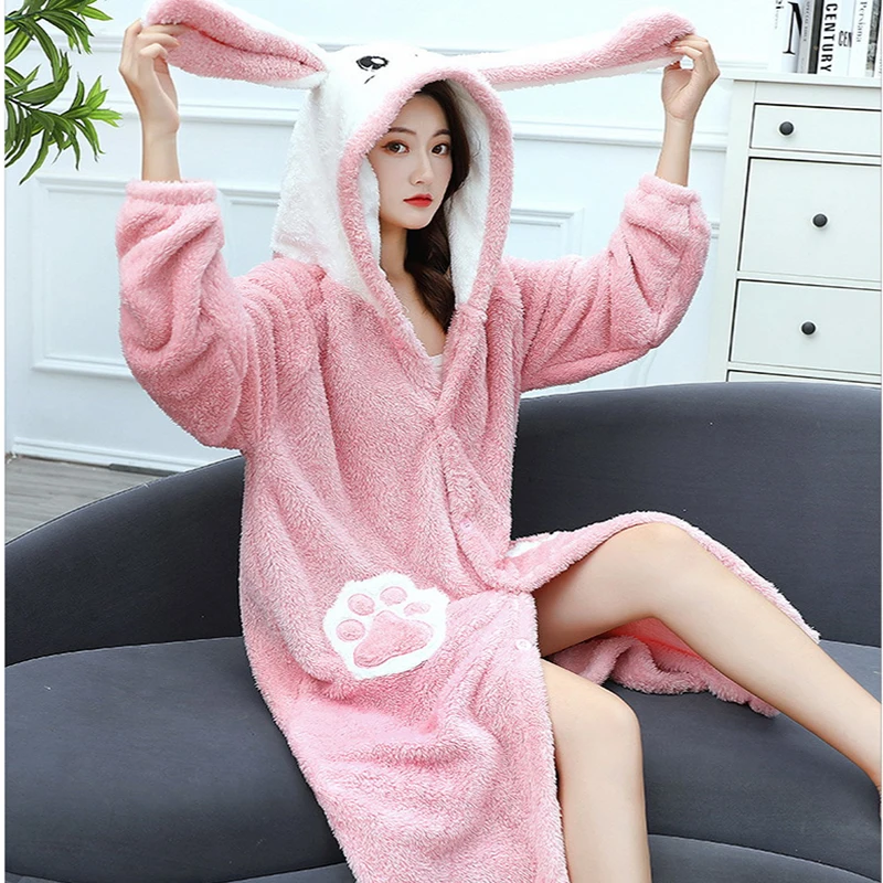 

Long Ear Rabbit Fluffy Pajamas Robe Animal Nightgown Housecoat Bathrobe Homewear Lingerie For Adult Women Loungewear Hoodies