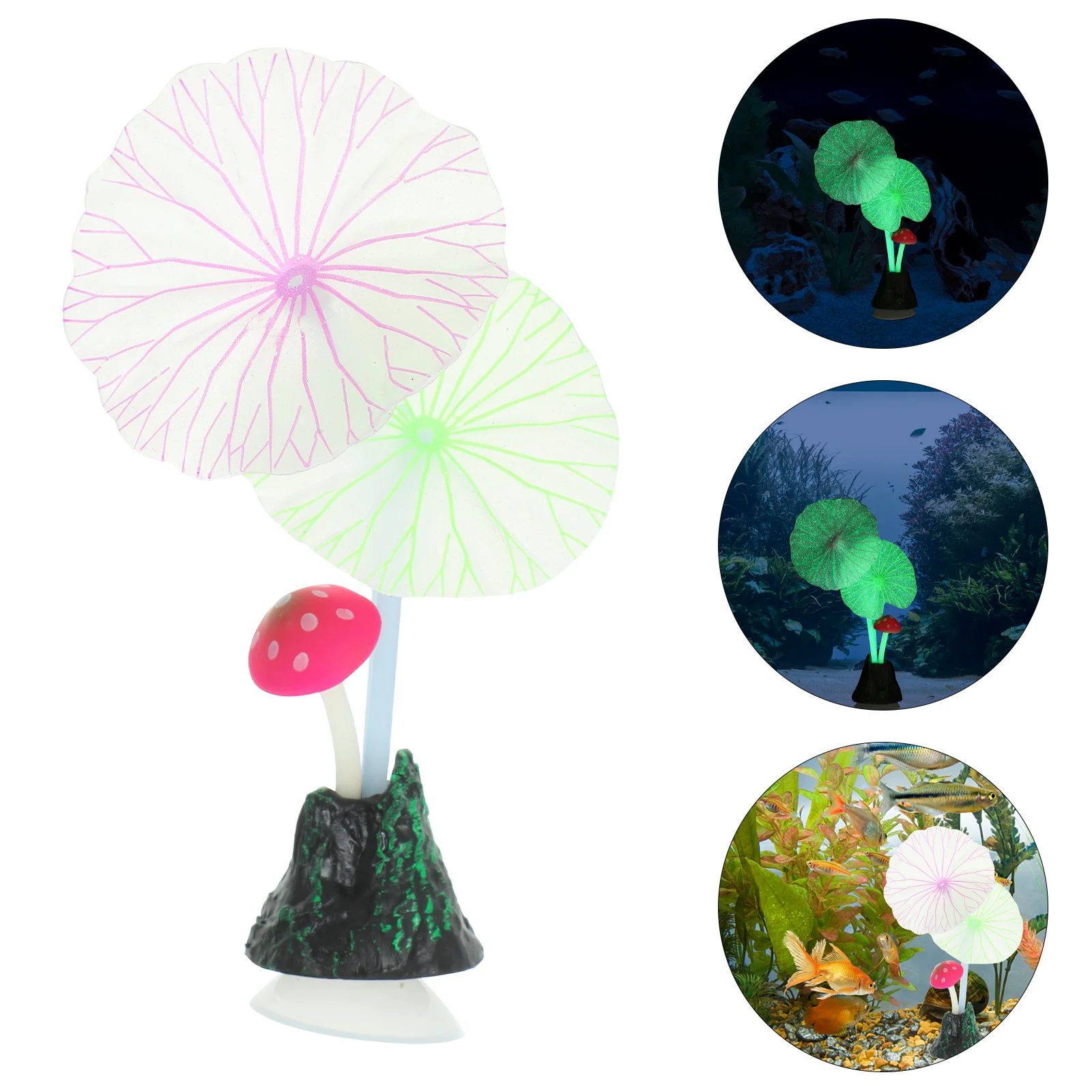 

2Pcs Luminescent Lotus Leaf Mushroom Ornament Made of Premium Silicone for Aquarium Fish Tank Natural Looking Decor