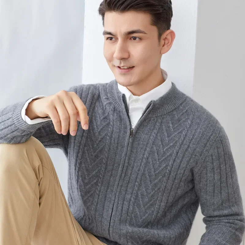 100% Pure Cashmere Sweater Cardigan for Men Zipper Sweater Thicker Casual Knitted Cashmere Sweater Coat Plus Size M L XL 2XL