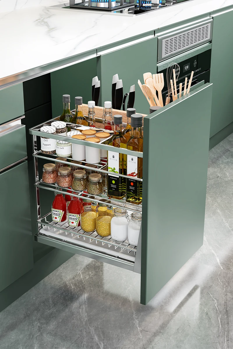 

Kitchen cabinets 304 stainless steel drawer type seasoning cabinet seasoning pull basket damping storage built-in knife holder