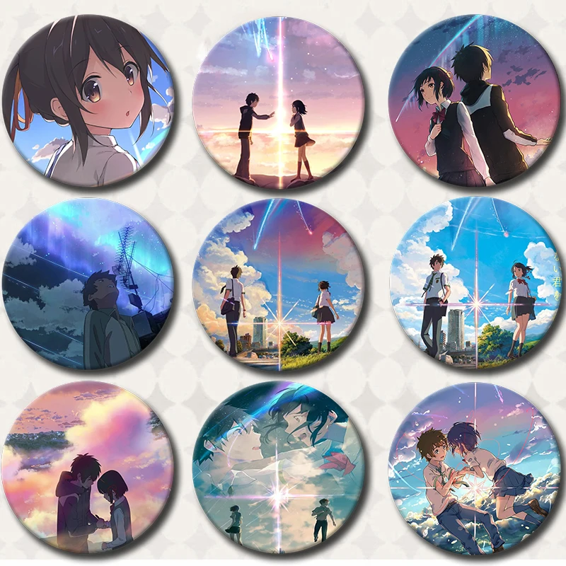 58mm Anime Kimi No Na Wa Tinplate Soft Button Pins Cartoon Icon Brooch Clothes Decoration Creative