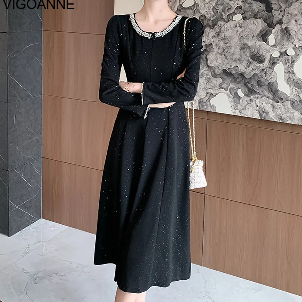 VigoAnne 2025 Woman Black O Neck Knit Dress Spring Autumn Slim Long Sleeve Korean Dresses Lady Evening Party Tight Long Dress