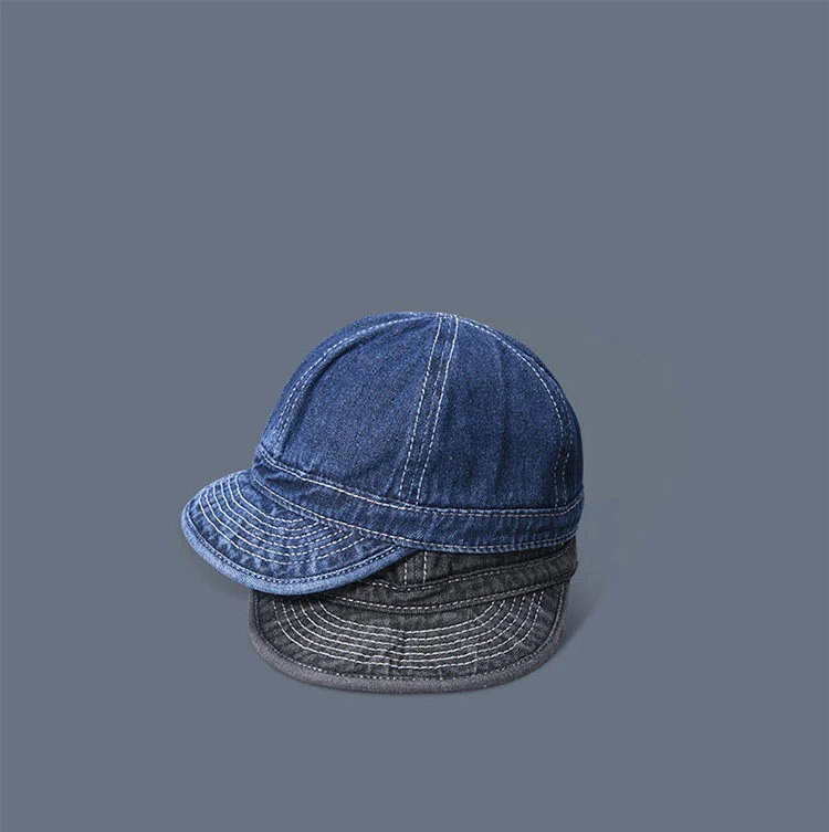 Spring and Autumn short-brimmed, water-washed, aged vintage denim cap with a shallow top and a back cover, Japanese-style artist