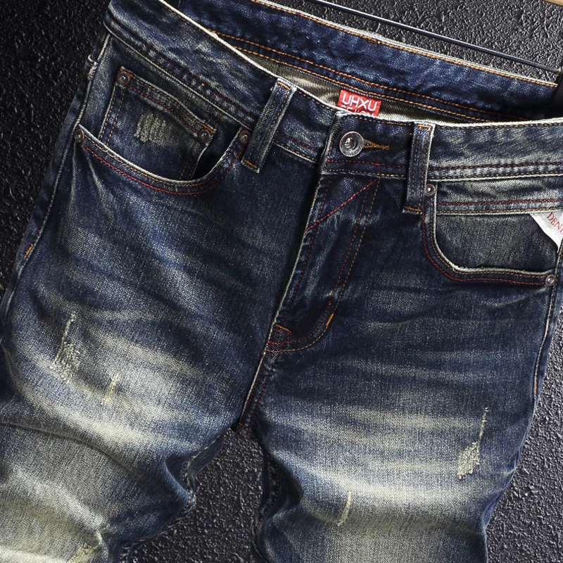 

Fashionable RetroY2K Men's Embroidered Jeans, High Quality Retro Washed Blue Elastic Slimming Ripple Jeans, Italian Designer Je