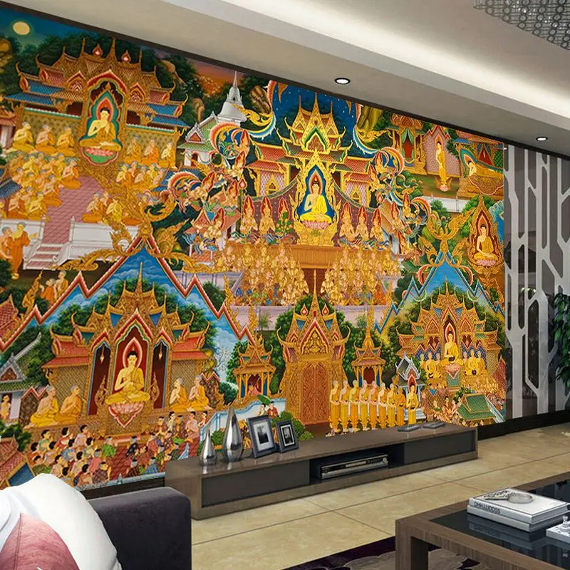 Customized products 3D Tibetan Thangka Sakyamuni Buddha Self Adhesive wallpaper Buddha Buddha Hall temple ancestral hall mural