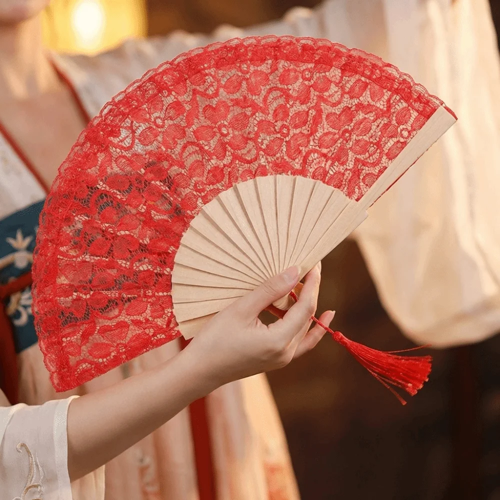 Vintage Lace Trim Folding Fan Lightweight with Tassels Dance Fan Decorative Handheld Hollowed-Out Fan Artistic Performances