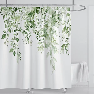 エメラルドグリーンユーカリシャワーカーテン生地、花の浴室のシャワーカーテンセット付き水彩植物の葉はフック付き 8ベストセールスシャワーカーテンセット-4