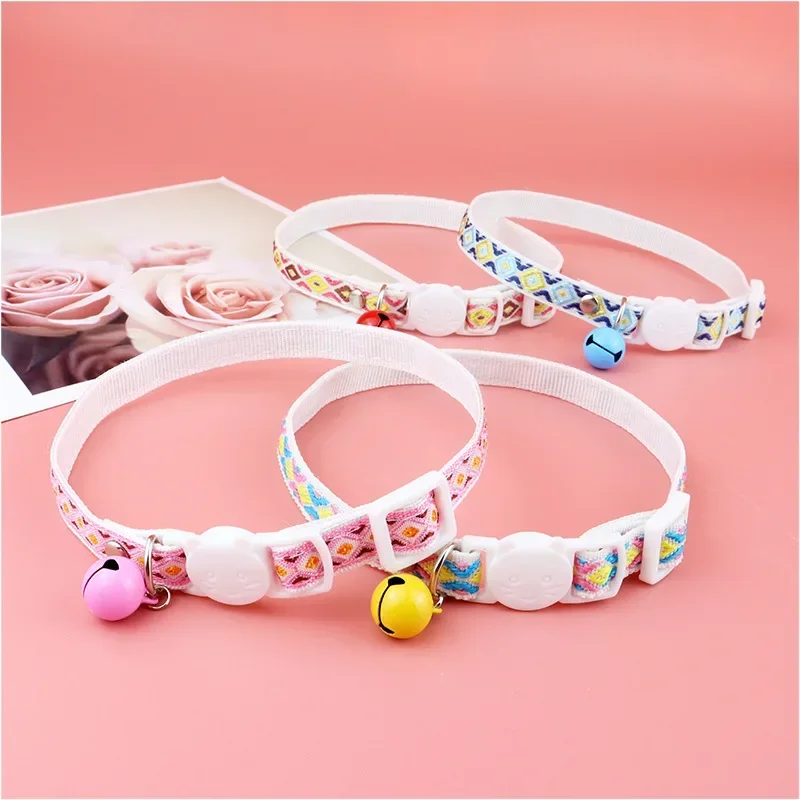 Pet Supplies Cat Collar Collar Cat Face Buckle Ethnic Jacquard Cat Collar with Bell Adjustable Safety Necklace