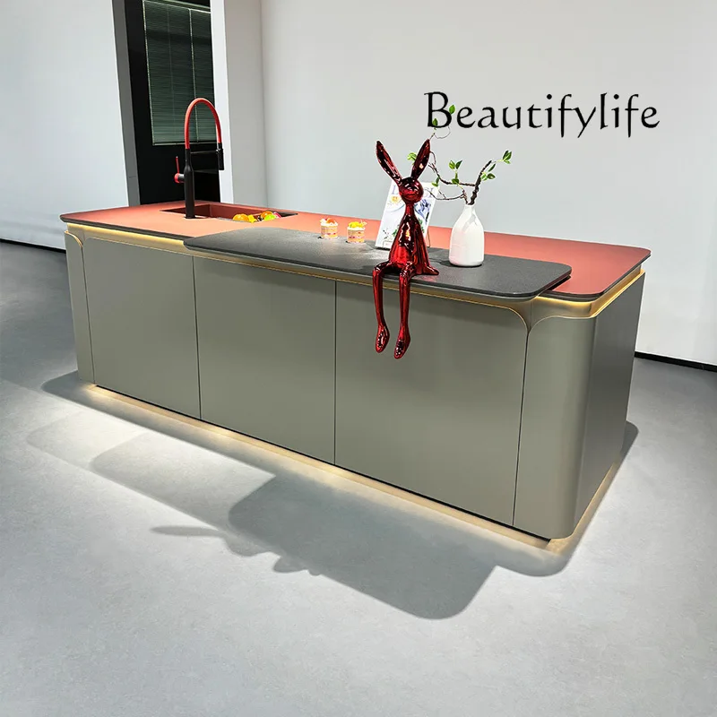 High-end slate flush island table integrated household kitchen simple arc corner designer model