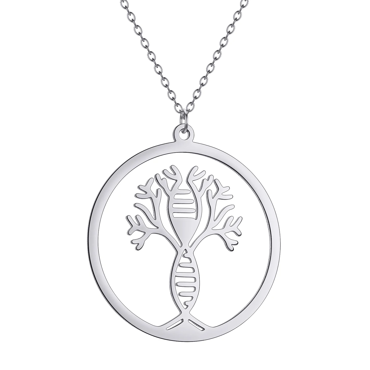 Kinitial Stainless Steel Round DNA Tree Of Life Pendant Necklace Women Dainty Jewelry Family Tree Charm Necklace Gift For Mom