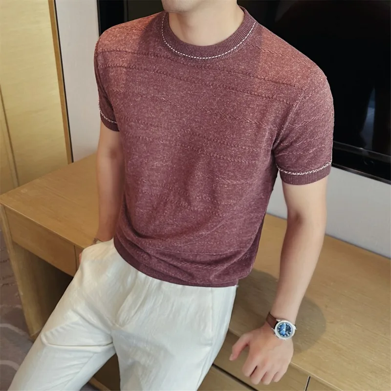 Brand Linen Jacquard Knitted T-shirt Men's Round Neck Short Sleeved Casual Tshirts Summer Slim Thin Breathable Striped T-shirt