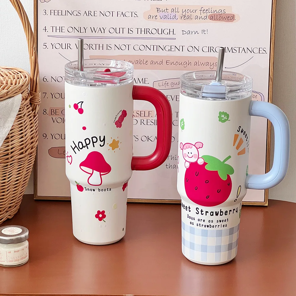 

900ml Insulated Tumbler, Cute Printed Thermos with Handle and Lid, Stainless Steel Water Bottle for Hot/Cold Drinks, Coffee Mug