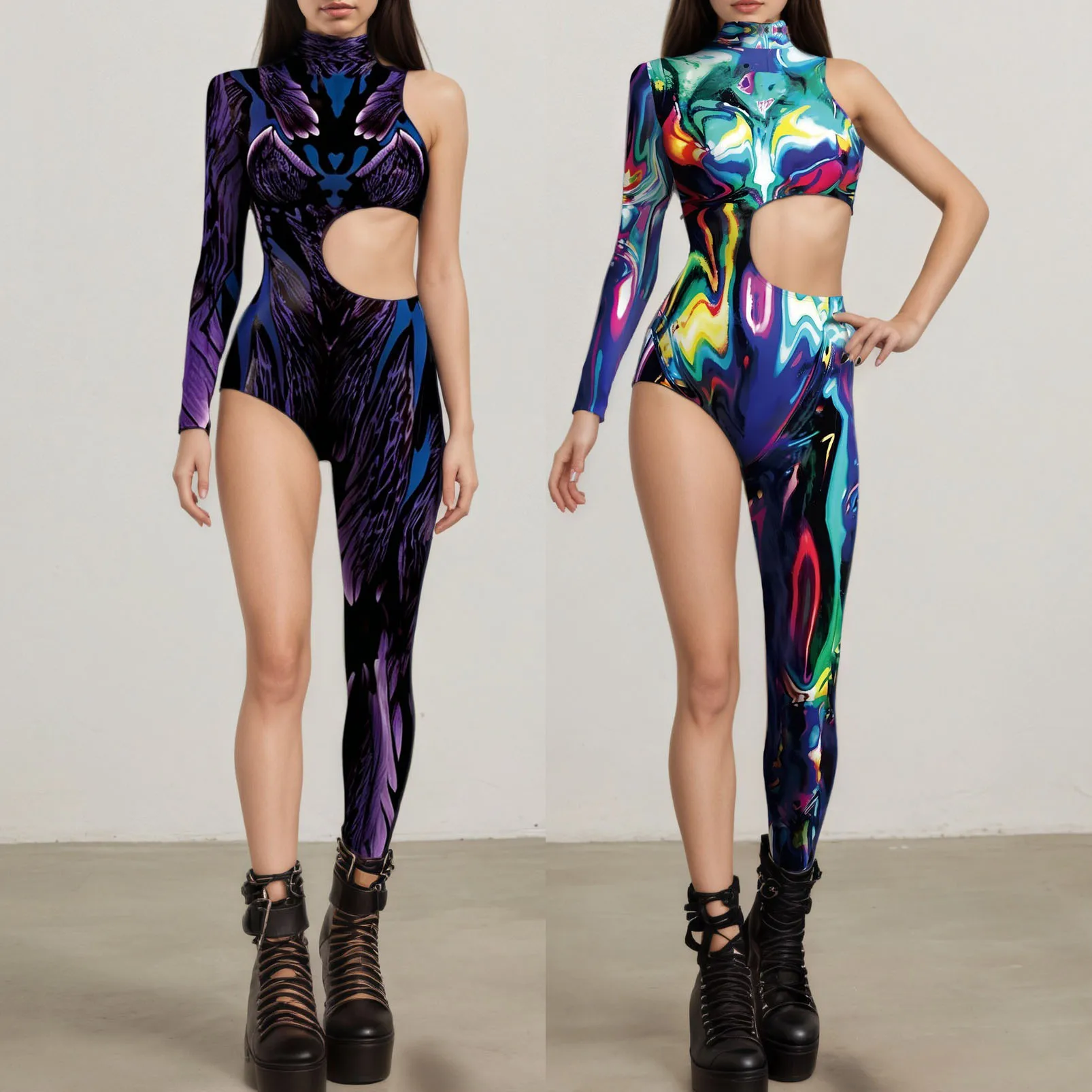 

Women CyberPunk Art Bodysuit Holiday Asymmetrical Jumpsuit Halloween Cosplay Rave Jumpsuits Carnival Party CyberPunk Zentai Suit