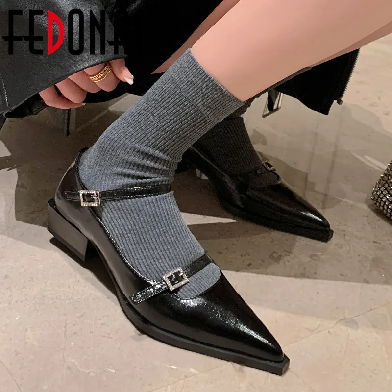 FEDONAS 2025 New Arrival Low Heels Pointed Toe Women Pumps Vintage Genuine Leather Mary Janes Shoes Woman Casual Office Ladies