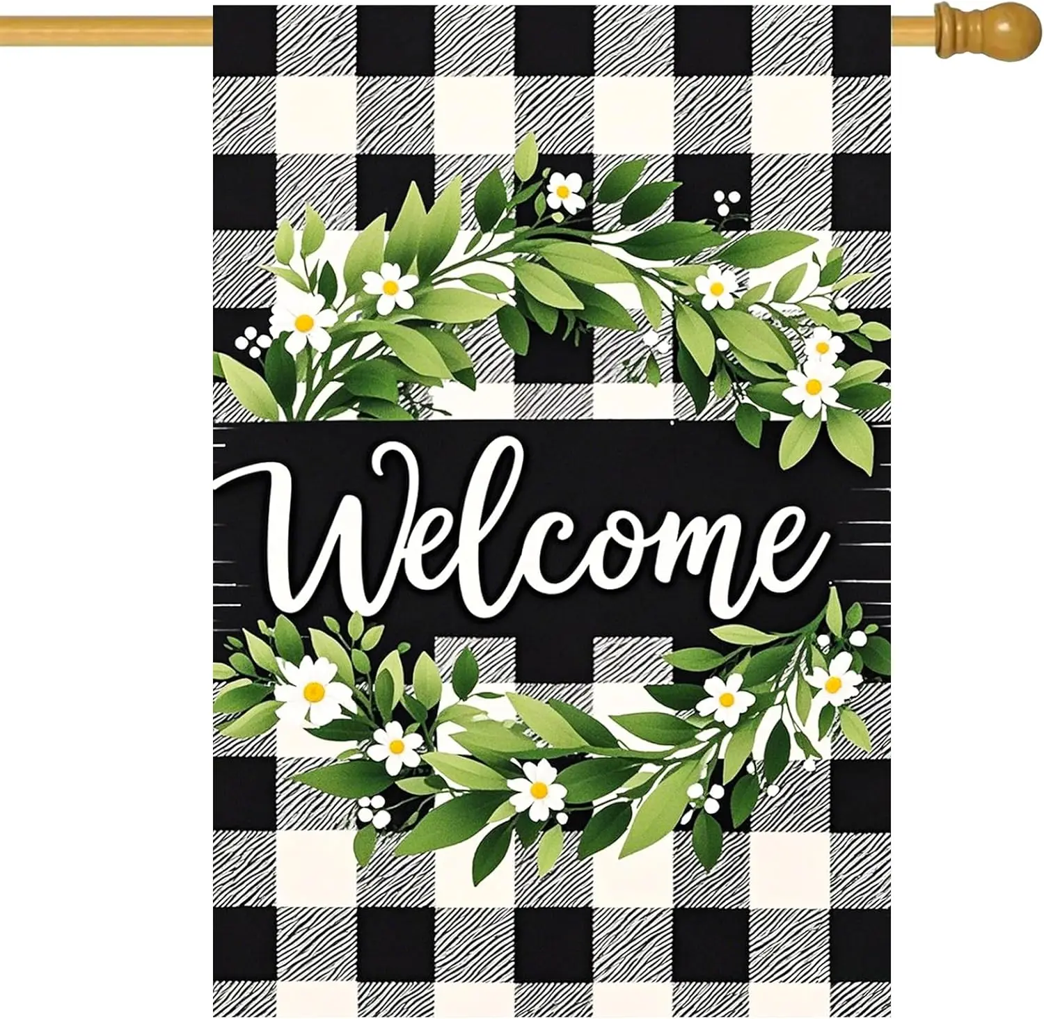 BlissYard Buffalo Plaid Welcome House Flag 28 x 40 Inch, Black White Farmhouse Outdoor Decor with Greenery for Front Yard Po AAS