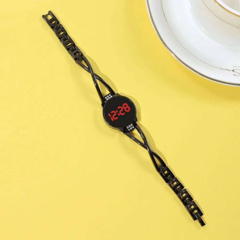 Electronic Touch Screen LED Watch Rhinestone Metal Bracelet Touch Screen Watch Round Steel Band Digital Watch Girls