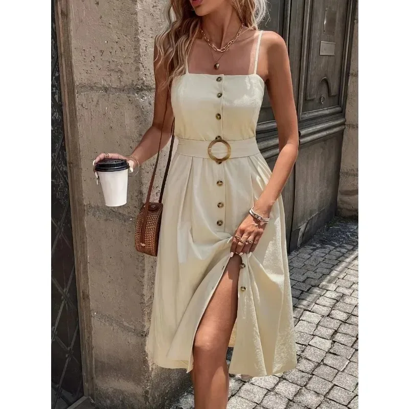 

2025 Casual Summer Plus Size Womens Dresses Spaghetti Straps Solid Square-Neck Off Shoulder Button Female Midi Swing Party Dress