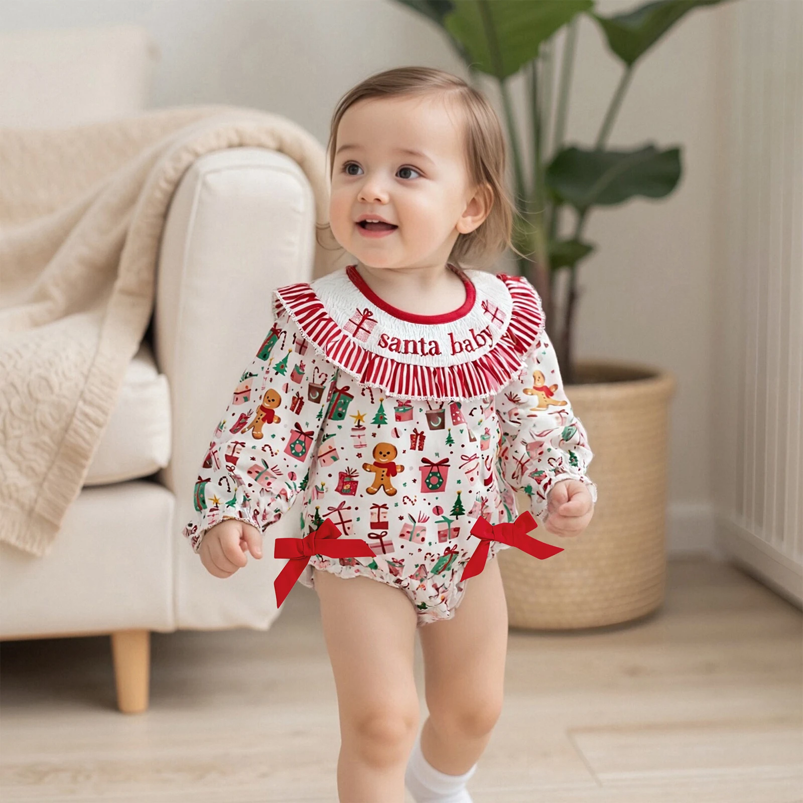 Baby Girls Christmas Romper Present Box Print Letter Embroidery Long Sleeve Ruffled Round Neck Bodysuits Jumpsuit
