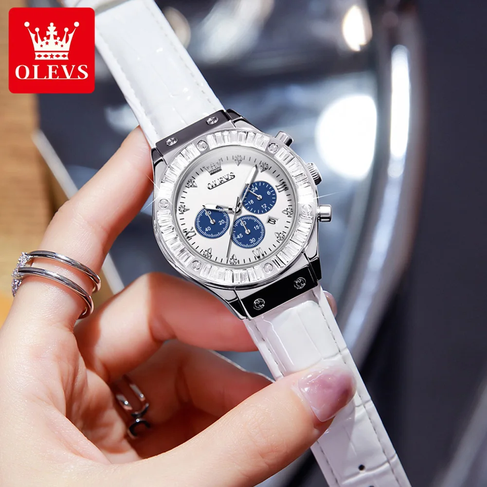 OLEVS Women\'s Watches Elegant Fashion Multifunctional Chronograph Original Quartz Watch for Ladies Zirconium Diamonds Dazzling