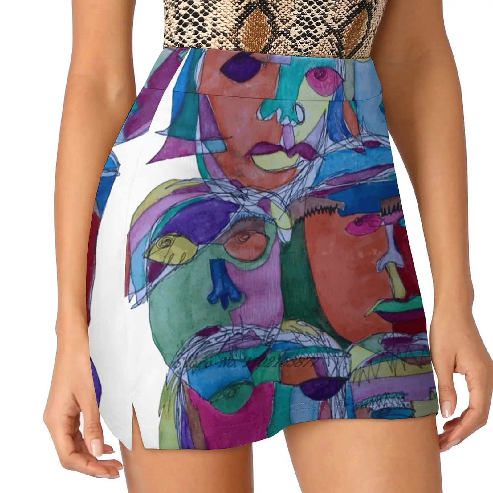 Abstract Faces Women's Fashion Sporting Skirt With Pockets Tennis Golf Running Skirts Abstract Faces Watercolor Unique Colorful