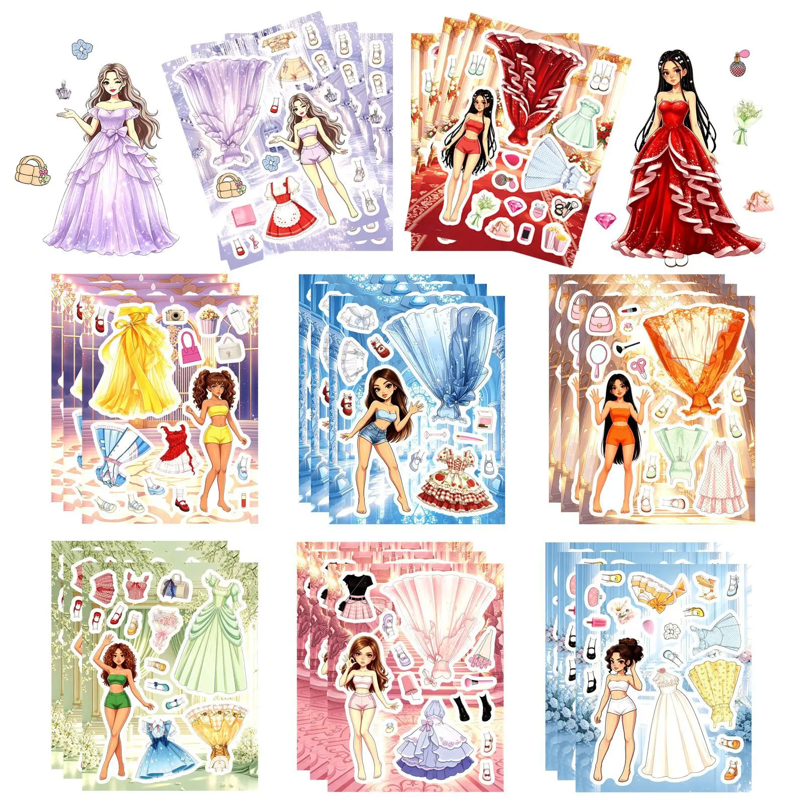 8 Pcs Cartoon Princess Dress Up DIY Educational Waterproof Decals for Journal Drawing Board Gift