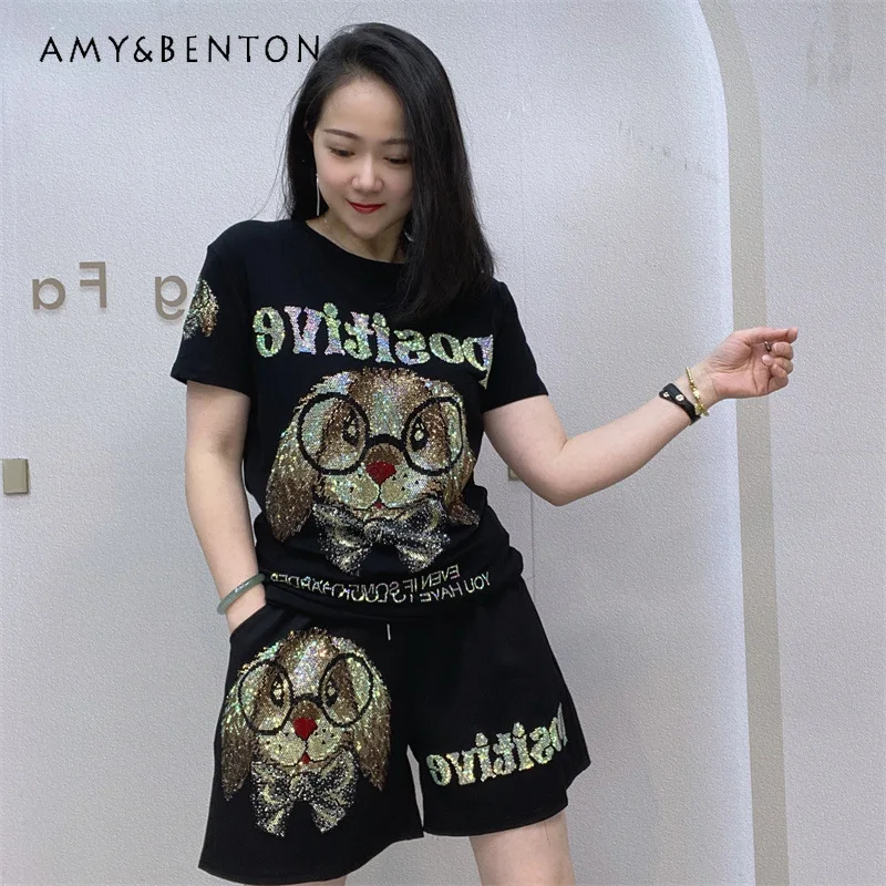 

Summer Short-sleeved Tees Shorts Outfits Women's Casual Suit Popular Heavy Industry Diamond Drills T-shirt Oversized 2-piece Set