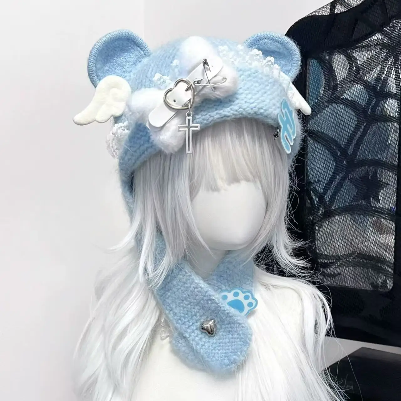 Kawaii اليابانية فتاة قبعة Harajuku الدب قبعات الأذن Y2K القوطية الشرير الخريف الدافئة الدانتيل الملاك الجناح قبعة محبوكة الدفء وشاح قبعة صغيرة