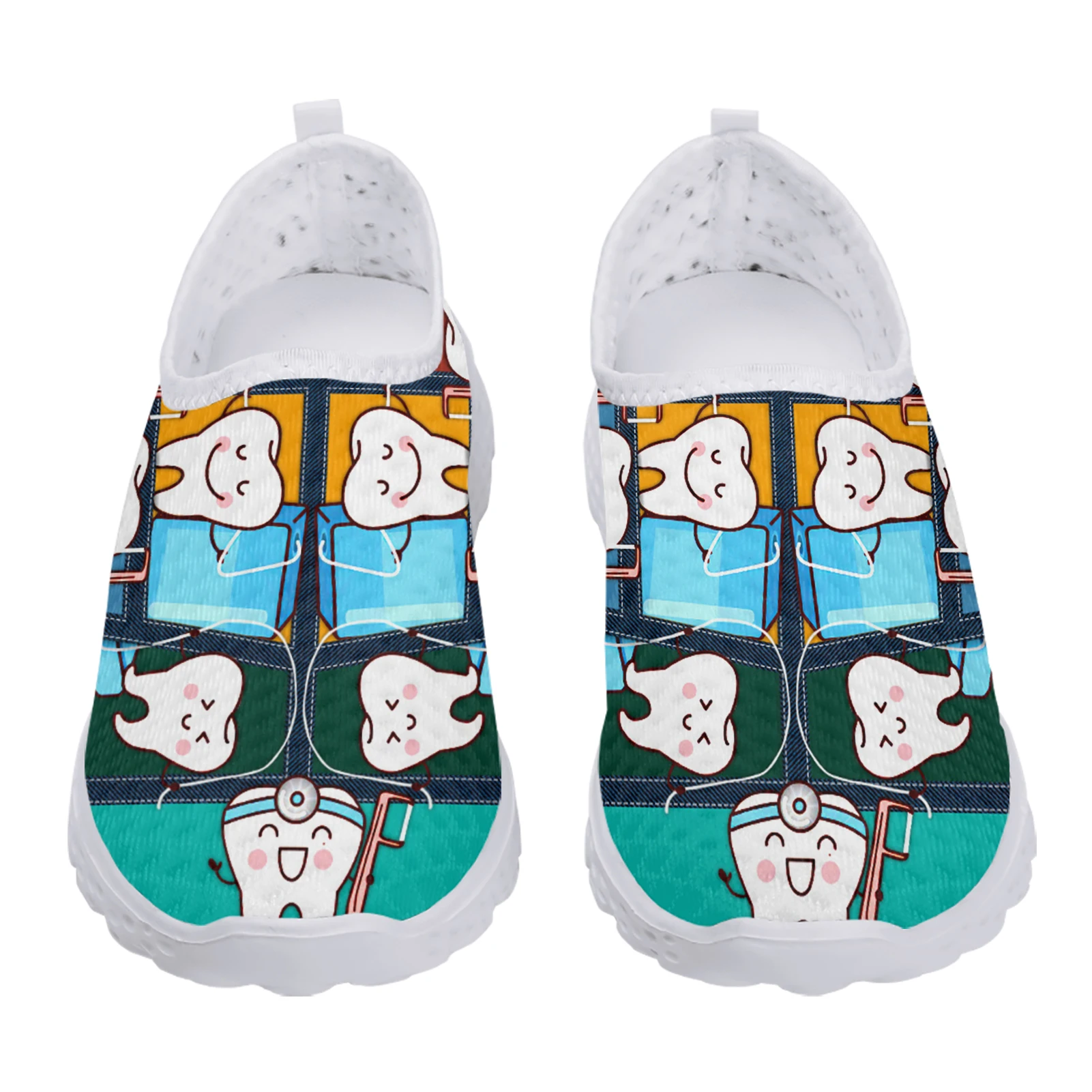 Funny Cartoon Teeth Print Women Summer Mesh Shoes White Soft Sole Brand Slip On Casual Sneakers Zapatos Planos