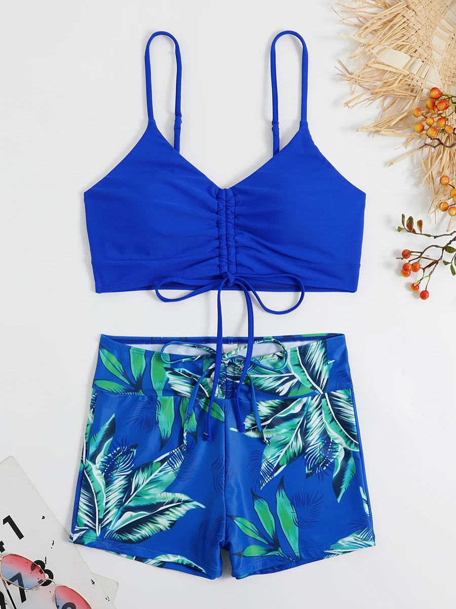 Bikini con cordón y estampado Tropical para mujer, bañador de cintura alta, pantalones cortos con lazo frontal, traje de baño para mujer 2024