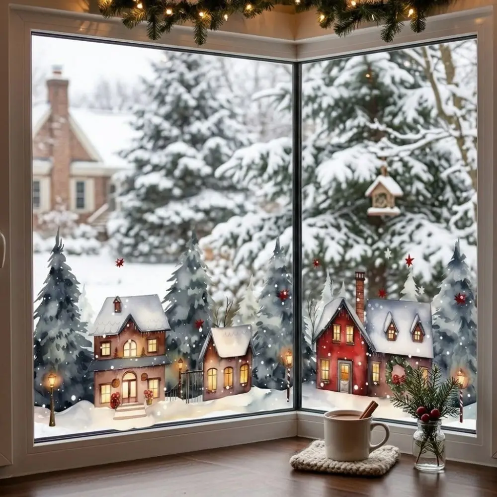 Watercolor Style Christmas Village Window Stickers Static Adhesive 2D Flat Pattern Snowy Town Window Cling Vivid Color PVC
