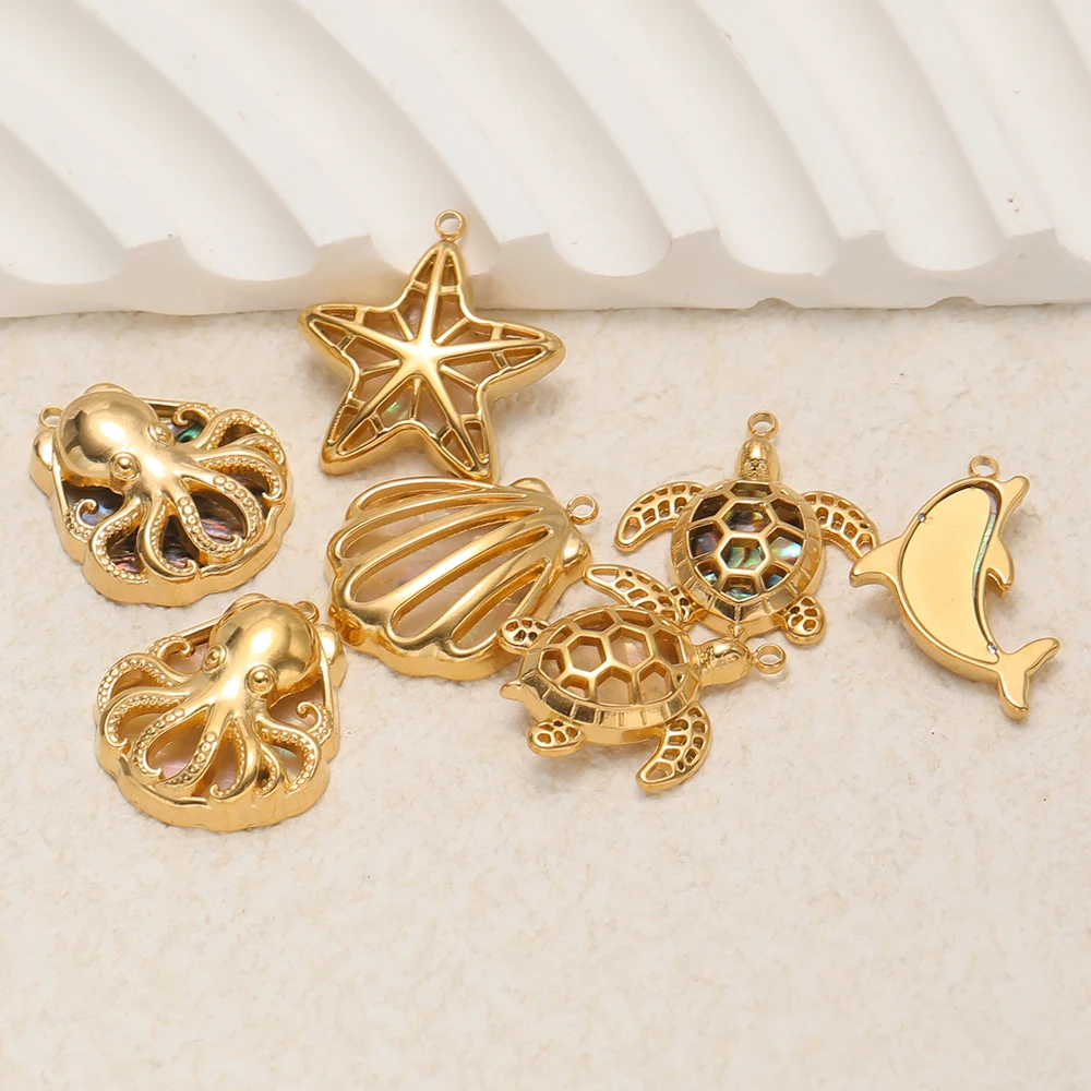 3 Stück Edelstahl-Hohlschalen-Anhänger in Form von Seestern, Schildkröten, Delfinen und Oktopusen für DIY-Schmuckherstellung, Halsketten, Anhänger und Ohrringe. – Detail 4