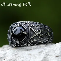 2023 New Updated Design Lucifer Satan Signet Ring For Men With Black Stone Stainless Steel Vintage Jewelry Gift free shipping