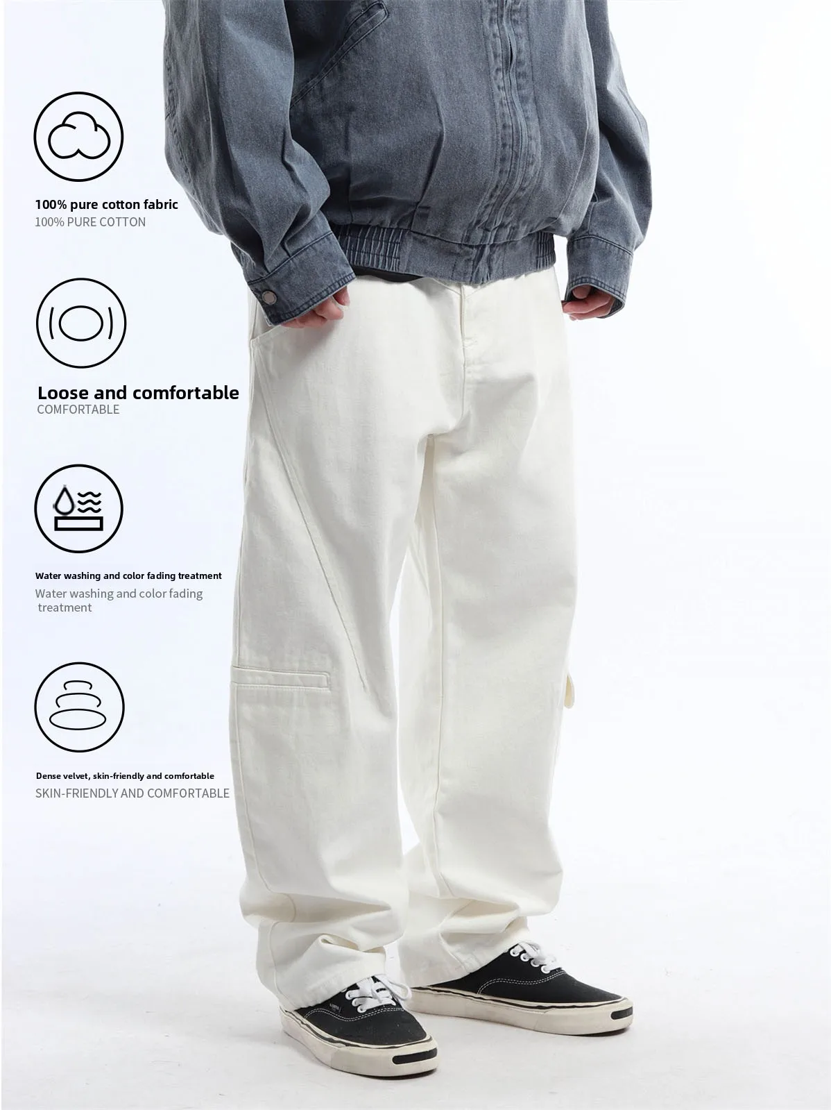 Casual Straight Leg White Jeans Men's Multi-Pocket 3D Tailoring Spring Summer Autumn Winter Commuting Long Pants Youth Style