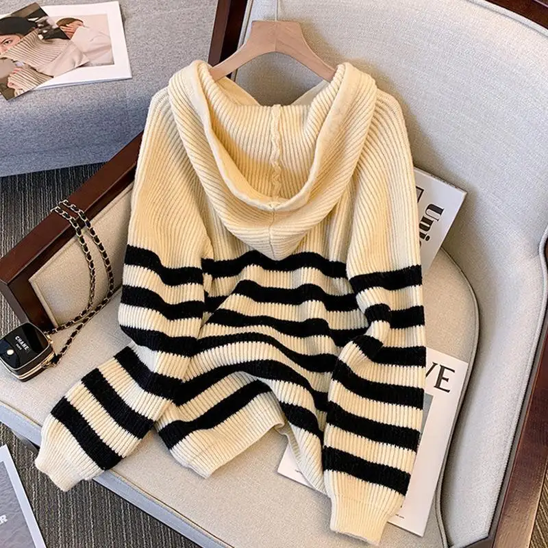 Women Clothing 2023 Autumn Winter Trendy Button Striped Hooded Knitted Sweater Casual Streetwear Loose Long Sleeve Pullover Tops