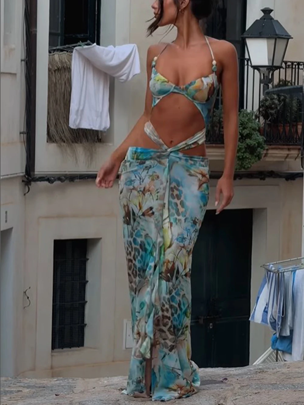 2024 ausgeschnittener einteiliger Badeanzug mit Rock für Damen, ausgehöhlte Bademode, Monokini, Patchwork-Body, Badeanzug, Strandkleidung