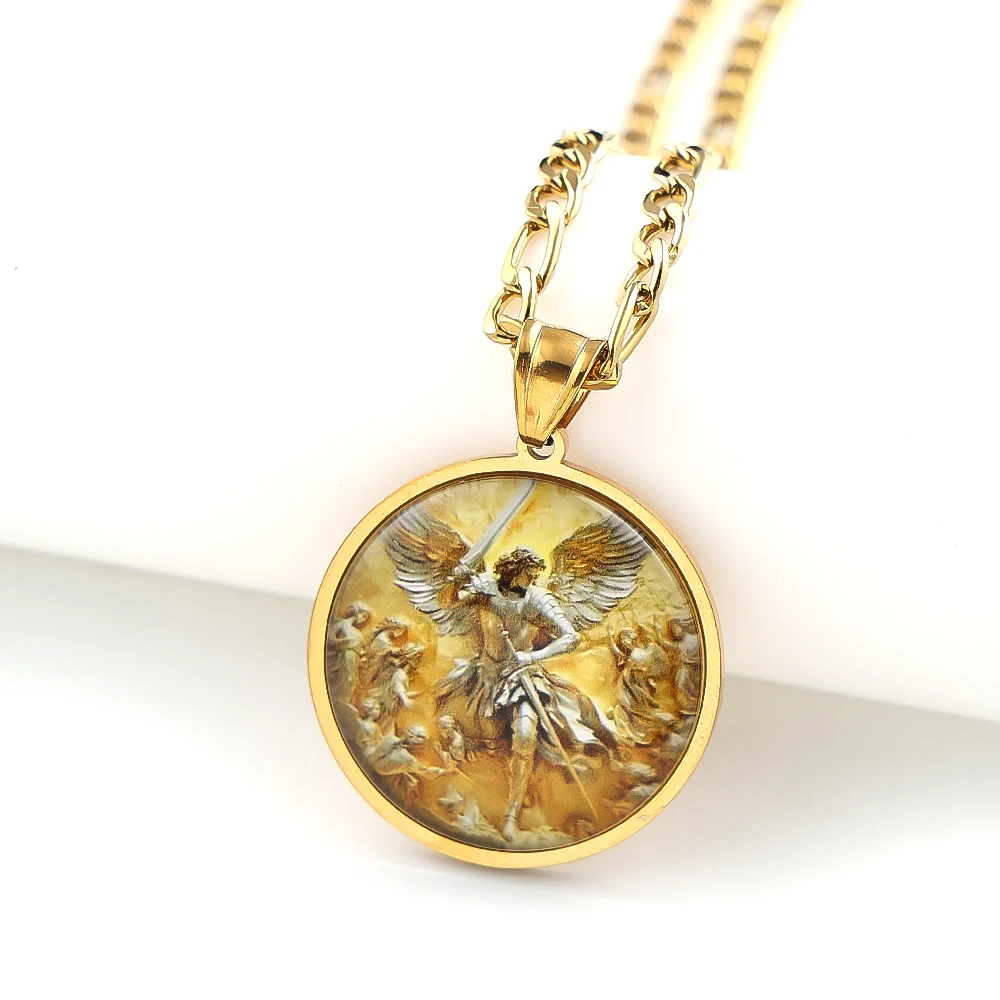 Archangel SAINT MICHAEL PROTECT US Glass Cabochon Medal Pendant Necklace Stainless Steel Gold Plated Christian Amulet Jewelry view 3