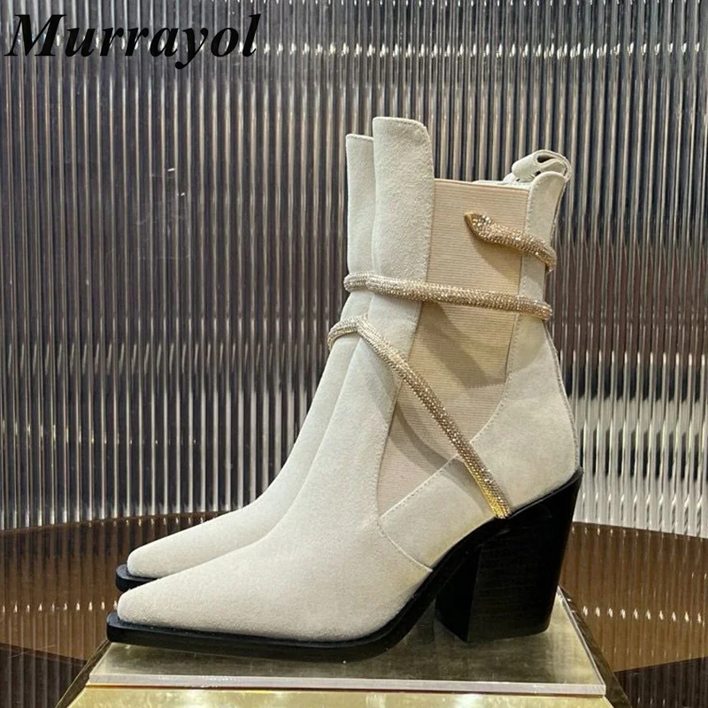 

Autumn Winter Cow Suede Elastic Band Splicing Square Heels Ankle Botas Women Metal Snake Shaped Entanglement Decor Short Boots