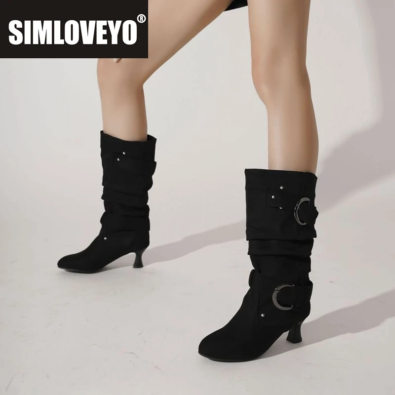 

SIMLOVEYO 2026 Замшевый флок с острым носком, необычные каблуки, без шнуровки, плиссированная пряжка ремня, металлический большой размер 45, 46 US15, для взрослых, ежедневная обувь