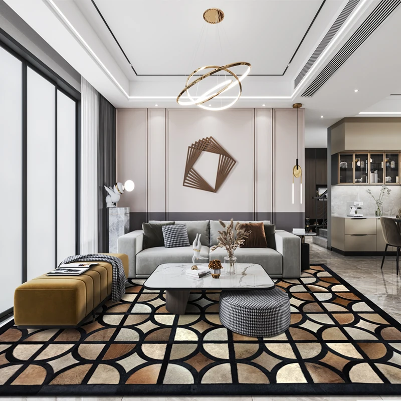 

Geometric Vintage Living Room Carpet Real Cowhide Handmade Floor Mat Large Full Home Rug Customize Coffee Table Mat Home Bedroom